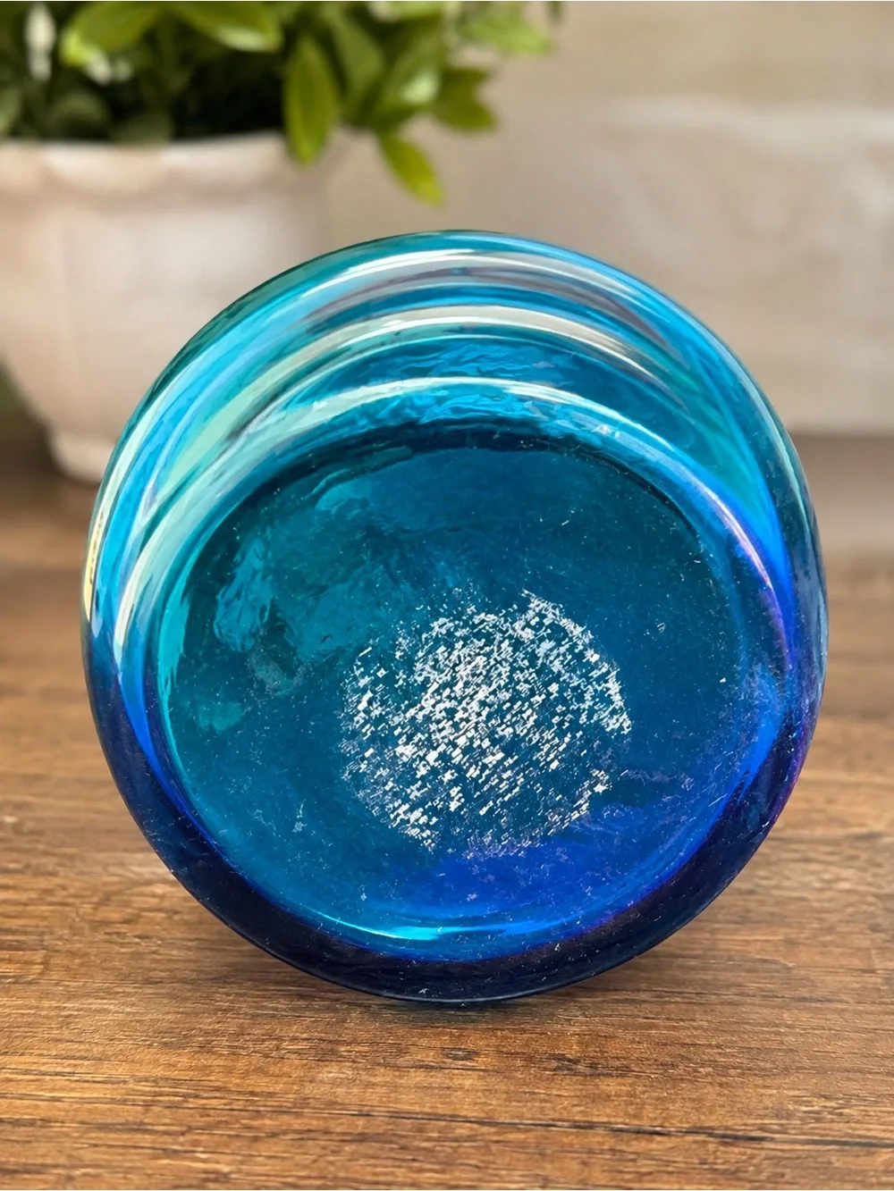 Vintage Cobalt Blue Art Glass Jug Vase Clear Applied Handle Hand Blown 8”